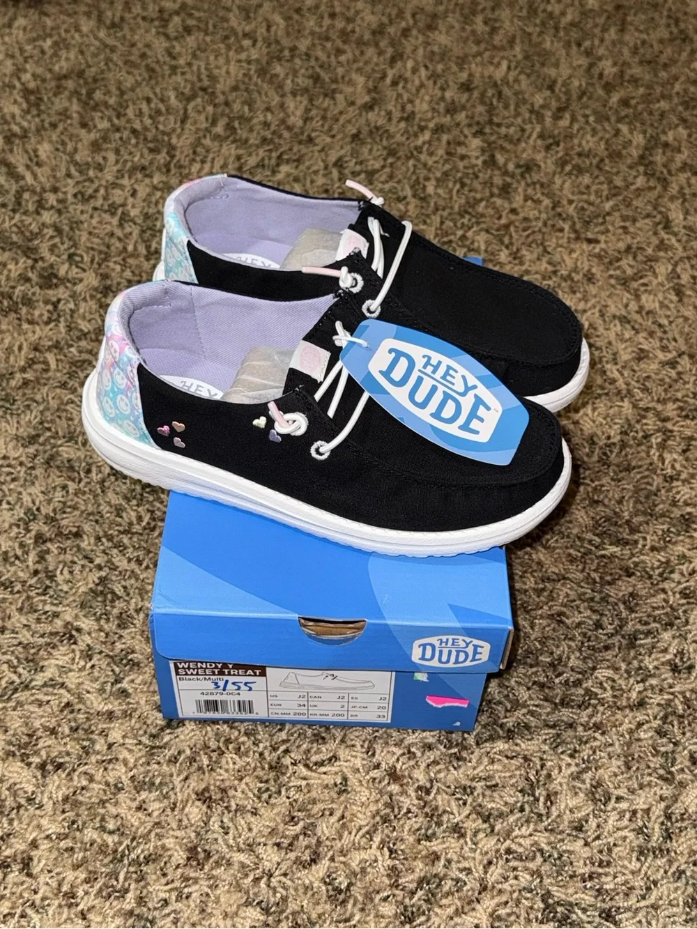 HEY DUDE Wendy Sweet Treat Black Shoes Girls Youth Size 2 New Slip On